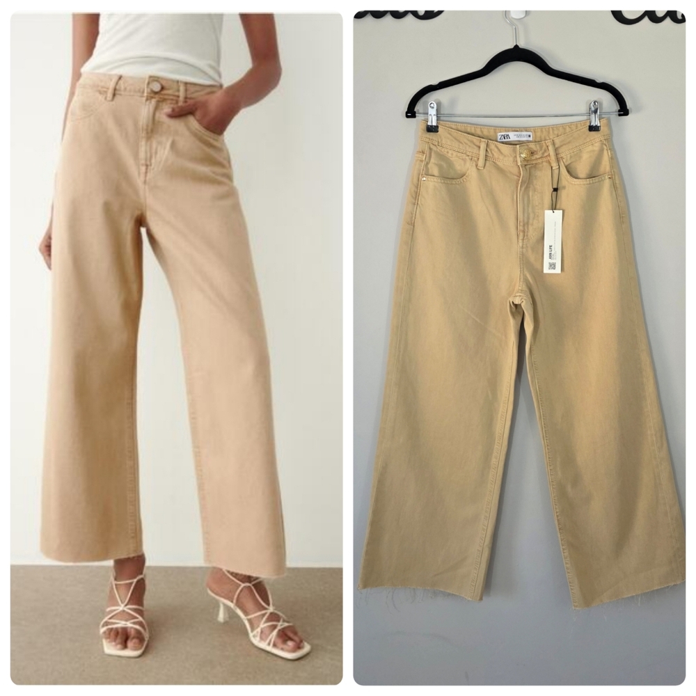 Zara High Waist Wide-Leg Cropped Tan Jeans Size 4 NWT